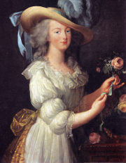 Marie Antoinette in a muslin dress; art by Elisabeth Vige-Lebrun